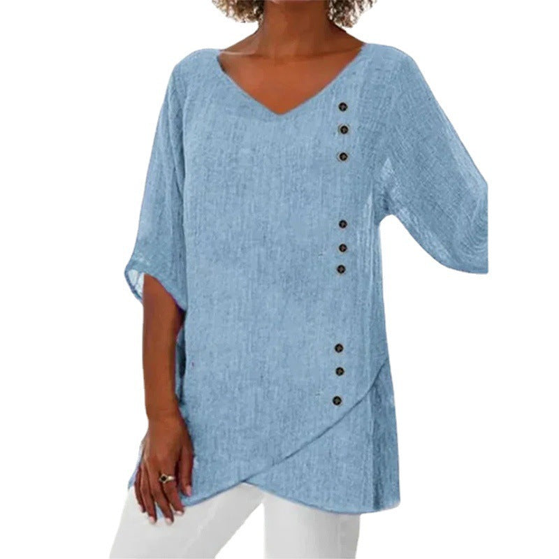Blue Cotton Linen V-neck T-shirt Half Sleeve Shirt Loose Plus Size Women's Clothing