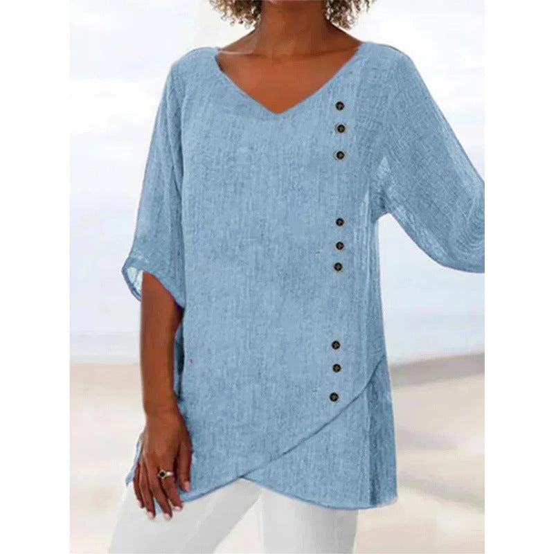 Blue Cotton Linen V-neck T-shirt Half Sleeve Shirt Loose Plus Size Women's Clothing