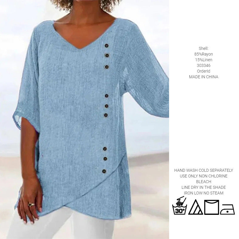 Blue Cotton Linen V-neck T-shirt Half Sleeve Shirt Loose Plus Size Women's Clothing